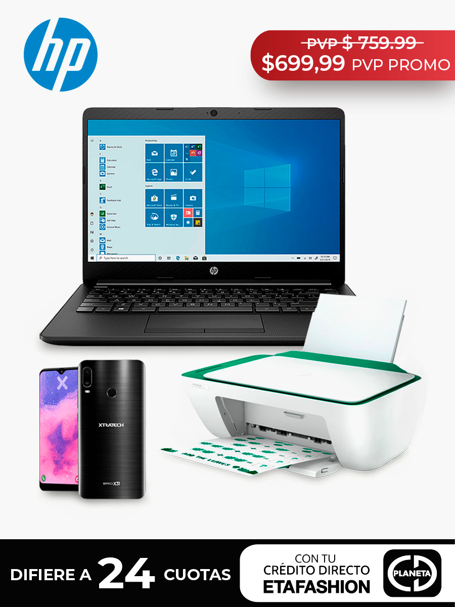 Combo Laptop HP 14-DK1038LA + Impresora HP 2375 + Celular Xtratech BRIO X31