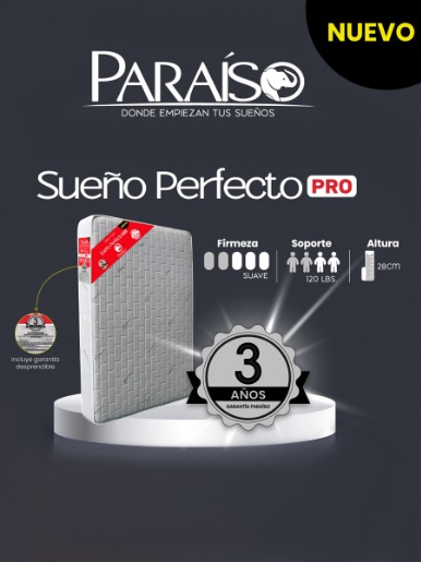 Combo Base Paraíso 2 Plazas Microfibra / Gris + Colchón Paraíso 2 Plazas Sueño Perfecto PRO /  Blanco