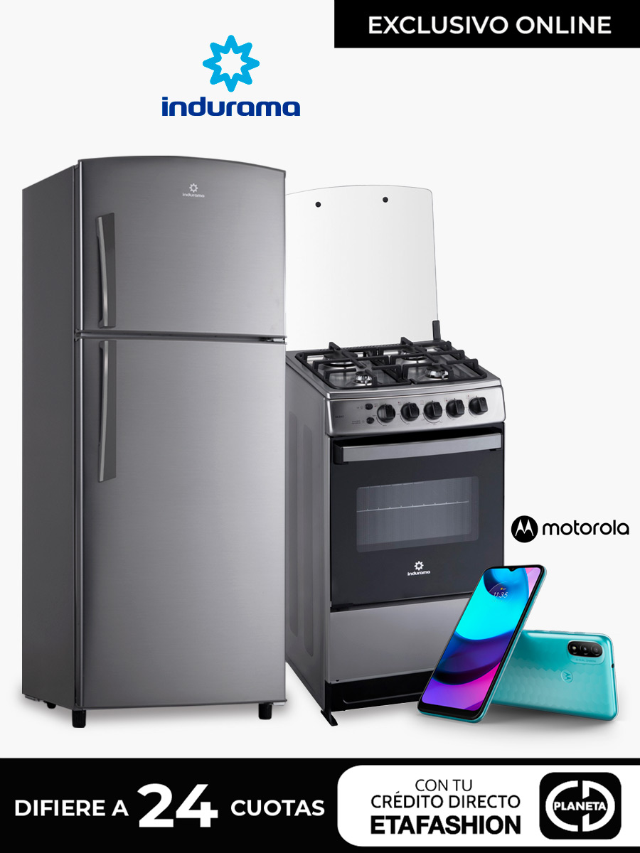 Combo Indurama Cocina Bilbao C20 S01 + Refrigeradora Top Mount RI-375 / 256 Lts + Celular Motorola E20 / Azul