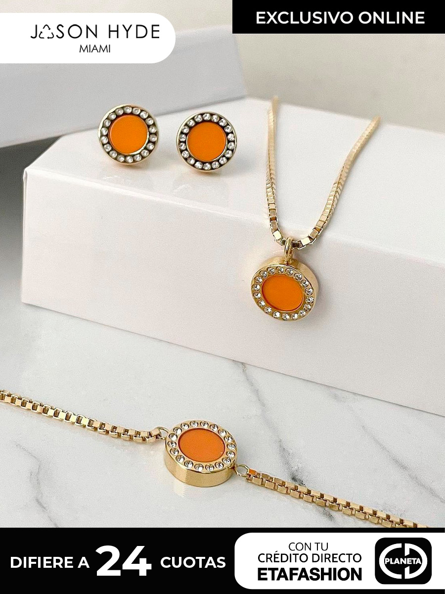 Set Jason Hyde Acero Océano Naranja con circones | Plata Ley 9.25 con Laminado de Oro de 18K