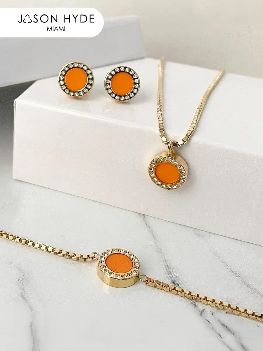 Set Jason Hyde Acero Océano Naranja con circones | Plata Ley 9.25 con Laminado de Oro de 18K