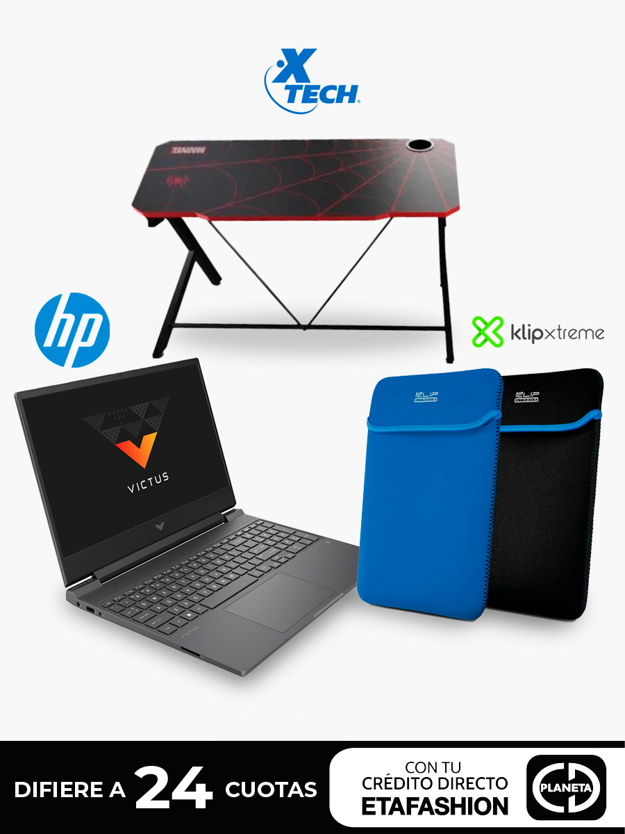 Combo Laptop HP Victus + Escritorio Gaming Spider Man Xtech + Sleeve Klip Xtreme
