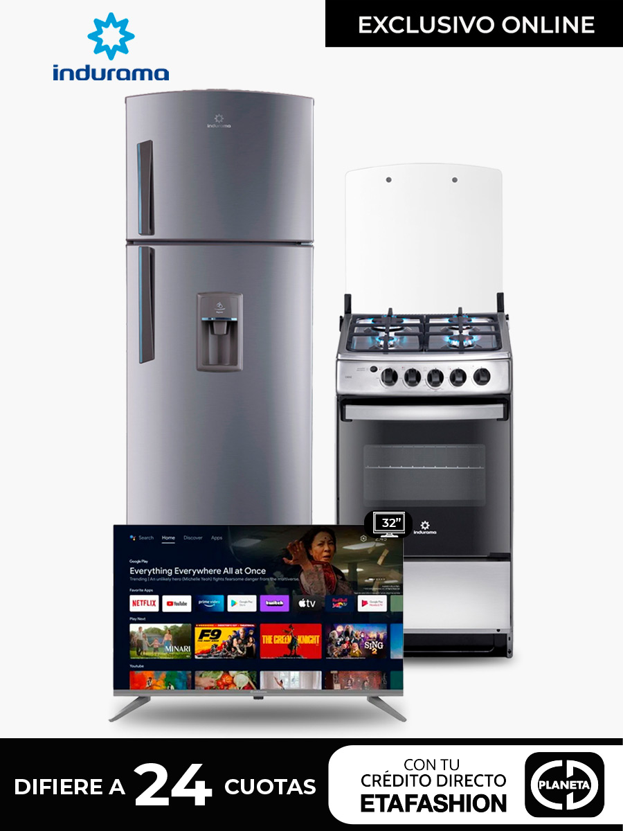 Combo Indurama Refrigeradora Cocina a Gas Cadiz Spazio Plus + Smart Tv 32" - Android 11.0
