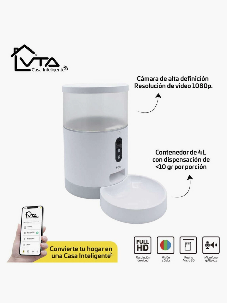 Dispensador de comida para mascotas VTA-84671 Smart Wifi con cámara de seguridad